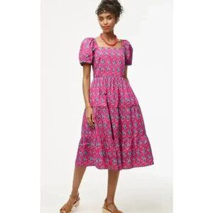 NWT J. Crew Pink Floral Print Tiered Puff Sleeve Midi Dress Side 8